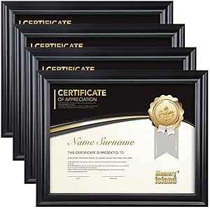 Memory Island Document frames 8.5x11,Set of 4 Pack Certificate Frames for Wall Or Tabletop Display,Diploma Frames For Degree Award with Real Glass Front,Black,Designed