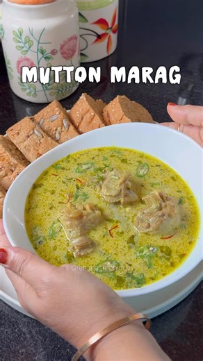 Rehana's Kitchen on Instagram: "MUTTON MARAG 👑- the taste of luxury . A royal starter you’ll find at every Hyderabadi wedding , and now in your kitchen 🫶🏻 Enjoy with Naan , Pav or Bread 🥖 Ingredients:- Mutton - 750 grams Ghee - ¼ cup Cinnamon stick - 1 inch Cardamoms - 5 Cloves - 5 Black peppercorns - 10 Sliced onions - 2 Ginger-garlic paste - 1 ½ tbsp Green chillies - 5 Fresh coriander leaves Turmeric powder - ½ tsp Curd - ½ cup Salt as required Cashews - 15 to 20 Almonds - 15 to 20 Milk - 