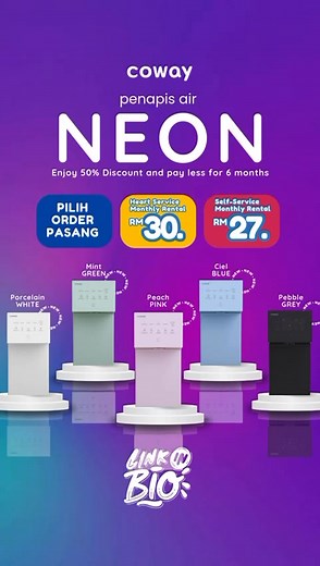 ✨ Coway NEON kini dengan HARGA PECAH! ✨ Nak air panas, sejuk & suhu bilik terus dari penapis air moden? NEON ni ada semua! 😍 Dengan 5 pilihan warna yang cantik, memang sesuai dengan rumah moden. 📦 Tiada bayaran pendaftaran 🚚 Penghantaran & pemasangan PERCUMA 🛠️ Servis & warranty terjamin Semua ni cuma RM30 sebulan je! Jimat, mudah & bergaya 💧 👉 PM saya sekarang untuk dapatkan promosi ni sebelum habis! www.wasap.my/60126220667/NeonCoway | Coway Bahau
