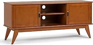 SIMPLIHOME Draper TV Stand - 60 inch Wide Solid Wood Low Media Console in Teak Brown, Mid Century Modern Entertainment Center for Living Room for TVs up to 65 Inches with Cabinets and Cable Management
