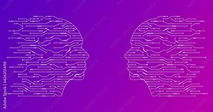 Human heads with circuit board animation, artificial intelligence concept
