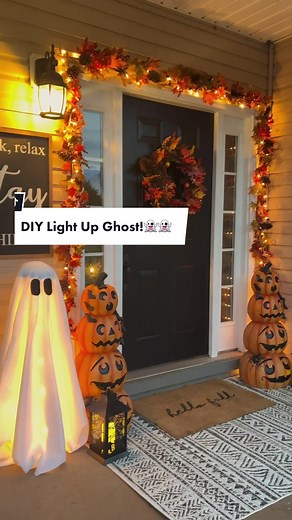 DIY light ghost! 🎃👻 I made this one for our Halloween porch and I fell in love!👻 #porchghost #diyghost #ghostdecor #halloweendiys #fallporch #fallfrontporch #halloweenporch #halloweenoutdoordecor #halloweendecorations #halloweenfrontporch #frontporchdecorating #halloweendecor #diyhalloweendecorations