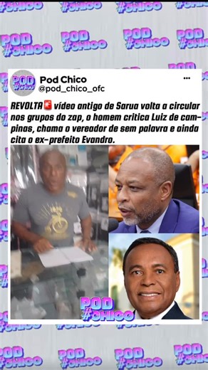 POD CHICO 🚨 on Instagram: "“EXU VAI ATRAPALHAR SEU CAMINHO”🚨Um vídeo gravado no ano passado voltou a circular nos grupos de WhatsApp de São Francisco do Conde. Nele, o homem identificado como Sarua faz duras críticas ao vereador Luiz de Campinas e também cita o ex-prefeito Evandro.📢 Visivelmente revoltado, Sarua afirma que Luiz de Campinas é um homem sem palavra, acusando o parlamentar de não cumprir as promessas feitas à população. Segundo comentários nas redes, parte da