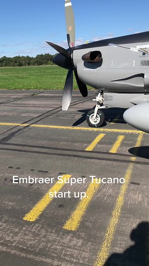 Embraer Super Tucano start up. Watch the puff of smoke as the fuel gets ignited. You can also see the blades of the prop twist from the feathered position into the flight angle. #aviation #fighterjet #foryoupage #foryou #viral #unusual #planes #planespotting