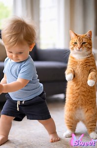 Tiny feet start bouncing, little hands waving, and the baby is fully in dance mode 👶✨ Nearby, the cat watches closely—ears up, eyes locked, trying to understand this sudden burst of energy. At first the cat stays calm… then reacts with a turn, a step, or a confused little move that makes the moment priceless 🐱😂 Just a baby having fun and a cat reacting in the most cat way possible. This is pure joy, pure chaos, and the kind of video people replay again and again ❤️ #babywithcat #babydancevide