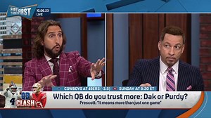 229K views · 4.7K reactions | "The level of disrespect thrown around to Dak Prescott — he just played his 101st career regular season game, he has a 98 passer rating, 2.5-to-1 TD-INT. He's built a near decade-long résumé of a clear-cut Top 10 QB." — Nick Wright on why he trusts Dak more than Purdy: | First Things First on FS1 | Facebook