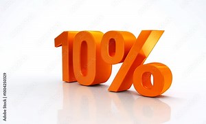 Orange 3D text displaying a ten percent discount symbol on a white reflective surface for promotional content
