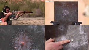 A video shot in super slow motion of a bullet hitting a steel plate, the bullet scattering like fireworks