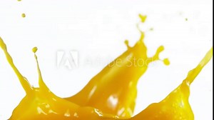 Super slow motion of orange juice splash isolated on white background. Filmed on high speed cinema camera, 1000 fps.