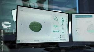 Biological Study Of Microbe Cell Microorganism Division. Microbe Biology Division System Examination At A Medical Laboratory. Microbe Mitosis Division Biological Study On A Microscopic Level