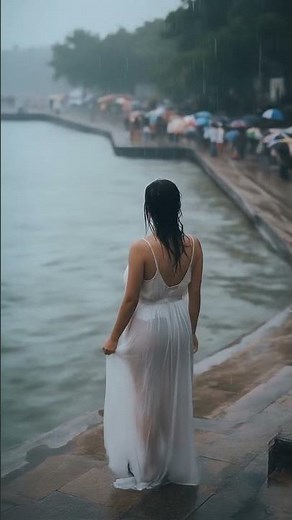 Cinematic Rain Walk | Woman in White Dress by the Riverside #girl #beautifulgirl #girls