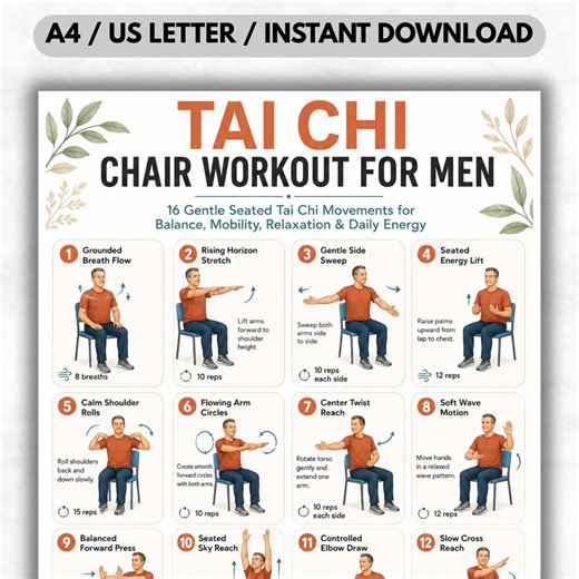 Buy Tai Chi Chair Workout for Men Printable, Seated Tai Chi Exercises Poster, Senior Fitness Routine, Gentle Chair Workout for Older Men Online in India - Etsy