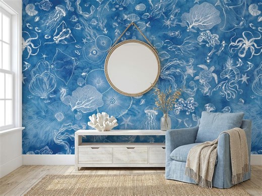 Watercolor Underwater Ocean Pattern Wallpaper | Marine Creatures and Coral Wall Mural - Etsy