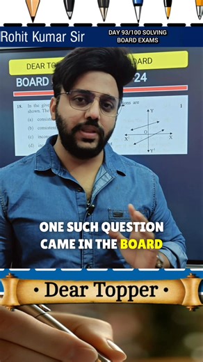 In the given figure, graphs of two linear equations are shown. The pair of these linear equations is : (a) consistent with unique solution. (b) consistent with infinitely many solutions. (c) inconsistent. (d) inconsistent but can be made consistent by extending these lines. Class 10th Math | Answer Key 2024 | PYQ 2025 | Question Paper Code 30/1/1 | Set 3 | CBSE Board 30/1/1 Maths 30/1/3 CBSE board 2024 CBSE board solutions maths solutions MATHS board paper mcq MCQ maths board paper mcq board exa