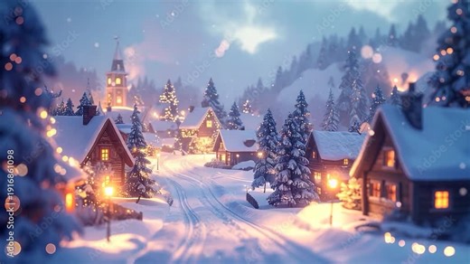 Winter village scene with snow-covered rooftops, lit windows, and trees