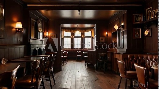 Traditional Pub Interior with Dark Wood Paneling, Fireplace, and Large Windows