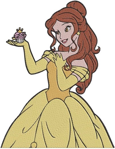 Smiling Princess Belle Holding Elegant Crowned Cupcake Embroidery Designs - Inst