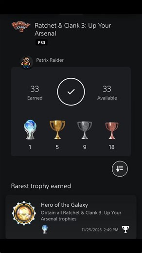 Patrix Raider on Instagram: "🏆 Platinum #101 Unlocked! 🔥 Just wrapped up Ratchet & Clank: Up Your Arsenal on PS3 — and what a blast of pure nostalgia. 💫 From crazy weapons to classic R&C humor, this one still hits just as hard years later. Another platinum for the collection… on to the next! 🎮✨ #RatchetAndClank #UpYourArsenal #PS3Gaming #PlayStationTrophies PlatinumTrophy TrophyHunter GamerLife RetroGaming SonyPlayStation InsomniacGames GamingCommunity NostalgiaGaming VideogameCollector PS3C