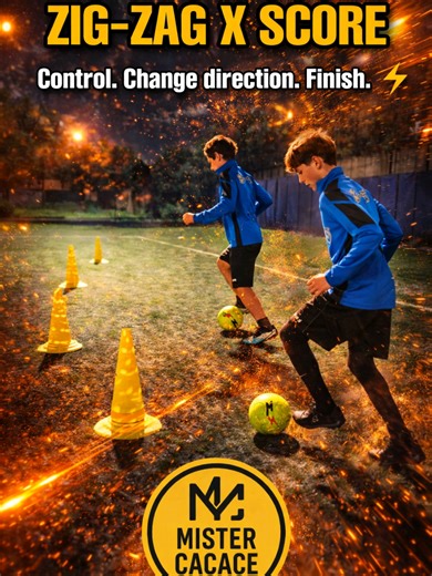 ⚽ 𝗭𝗜𝗚-𝗭𝗔𝗚 𝗫 𝗦𝗖𝗢𝗥𝗘 🔥 Technical activation focused on ball mastery and finishing using a zig-zag cone setup. 🛠️ 𝗗𝗿𝗶𝗹𝗹 𝗦𝘁𝗲𝗽𝘀: ⚽ Ball mastery through the zig-zag cones 🔄 V-Move at each cone to change direction 🎯 Attack the last cone on the exit ⚽ Finish into the mini-goal 🔁 Continuous rhythm and clean execution 👉 𝗦𝗮𝘃𝗲 𝗶𝘁. 𝗧𝗿𝘆 𝗶𝘁. 𝗦𝗵𝗮𝗿𝗲 𝗶𝘁. #MISTERCACACE #zigzag #score #footballtraining #soccertraining