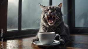 an angry tabby cat with an open mouth with a white mug of coffee against the background of a window with raindrops. Concept of aggression, bad mood, rainy day