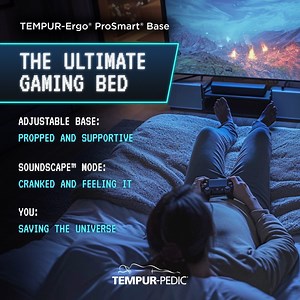 TEMPUR-Ergo® ProSmart® Base—here’s how it can be your companion in gaming (and sleep, of course): 🕹️ Adjust your head and feet into perfect gaming position 🕹️ Sync your base and game audio to hear and feel the action through the mattress with SoundScape™ mode 🕹️Take a much-deserved rest after saving the world with Wind Down® program—a series of relaxing massages and base positions to ease you into sleep Level-up your sleep game with Tempur-Pedic®: bit.ly/tpmattresses | Tempur-Pedic USA