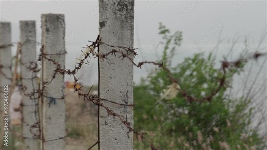 Rusty barbed wire fence on concrete posts marking a restricted border zone