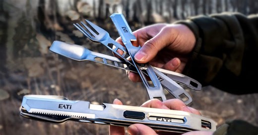 Magnetic titanium system packs 10 tools into a knife, fork and spoon set