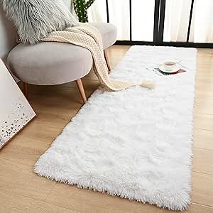 Terrug White Fluffy Runner Rug for Bedroom, 2x6 Ft Cute Shag Area Rugs for Hallway, Soft Machine Washable Plush Carpet with Non Slip Backing for Bathroom Bedside Kitchen Floor Decoration