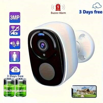 Indoor/Outdoor WiFi Security Camera, Suitable For Home Security, Wireless Outdoor IP65 Waterproof Camera, 3MP 1296P Battery-Powered Camera, Support SD Card/Cloud Storage, AI Motion Detection, Full-Color Night Vision, Two-Way Audio. Support Playback Of Audio And Video Recording. | SHEIN