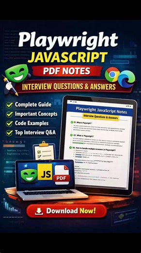 Software Testing -Daily Job Updates on Instagram: "🚀 Playwright JavaScript – Crack Interviews Faster! 🚀 Tired of searching scattered content for Playwright JS? We’ve created easy-to-understand PDF Notes specially designed for interview preparation & real-time automation work 👇 🔥 What’s inside the PDF? ✅ Playwright JavaScript Complete Concepts ✅ Top Interview Questions & Answers (Beginner → Advanced) ✅ Real-world Code Examples ✅ Framework, locators, waits, hooks, config & more ✅ Perfect for F