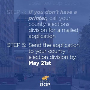 Absentee voting is now an available option for all Indiana voters. The deadline to apply for an absentee ballot is May 21st. The ballot must be to the election division by noon on June 2nd, so we recommend sending it in at least 5 days prior. Learn more about the election changes at our special website dedicated to election updates: https://action.indiana.gop/get-election-updates-040120/ | Indiana Republican Party