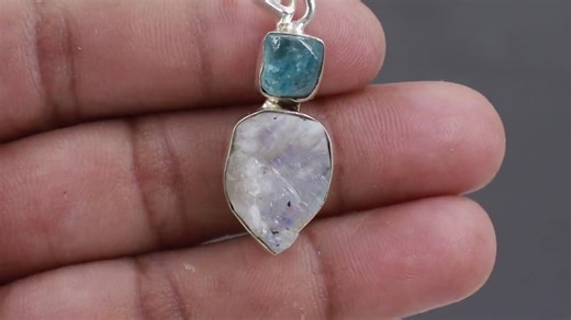 Raw Rainbow Moonstone and Apatite Pendant, Natural Gemstone Jewelry, Raw Gemstone Silver Pendant, Spiritual Healing Jewelry, Gift for Her - Etsy