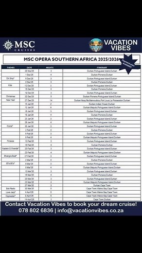 🌊🚢 MSC OPERA IS BACK FOR THE 2025/2026 SEASON! 🚢🌊 Get ready to set sail on the stunning MSC Opera as she cruises South African waters from 28 November 2025 – 14 April 2026! This season brings exciting new itineraries alongside the much-loved Pomene and Portuguese Island escapes. ✨ NEW ROUTES! 📍 Maputo & Portuguese Islands – Exclusive departures from Durban on 12 & 26 Jan, 9 & 23 Feb, 9 & 23 March 2026 📍 Cape Town Departures! – Enjoy 4 spectacular cruises between 30 March – 14 April 2026 🌴