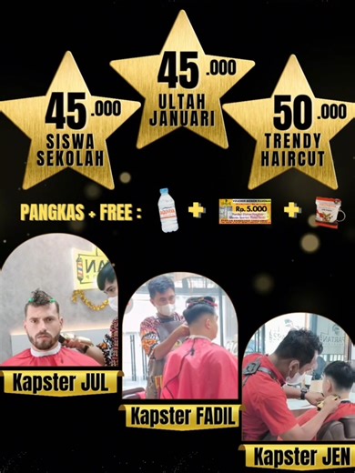 WE ARE OPEN ! PROMO JANUARI SEMANGAT. FOLLOW IG dan Tiktok dan kami akan Follow back IG dan Tiktok Anda. Promo ini hadir di Spartan Teuku Umar pada bulan Januari. Promo Paket Pangkas Trendy tgl.19-25 Januari 2026 : *ANAK : Siswa Sekolah Rp. 45.000 ( Pangkas Free Air Mineral 1 btl Voucher Diskon Pangkas 5K Gantungan Kunci ) *DEWASA : • Ulang Tahun di bulan Januari Rp. 45.000 ( Pangkas Free Air Mineral 1 btl Voucher Diskon Pangkas 5K Gantungan Kunci ) Tunjukkan KTP ke kasir • Trendy Rp. 50.000 ( P