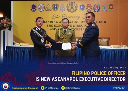 FILIPINO POLICE OFFICER IS NEW ASEANAPOL EXECUTIVE DIRECTOR Kuala Lumpur, 12 January 2024 -- PCOL David Martinez Vinluan of the Philippine National Police (PNP) is the new Executive Director of the ASEANAPOL Secretariat, becoming the first Filipino to hold the position since ASEANAPOL was founded in 1981. ASEANAPOL, with headquarters in Kuala Lumpur, is comprised of all ASEAN Chiefs of Police and deals with operational, enforcement and preventive aspects of regional cooperation against transnati