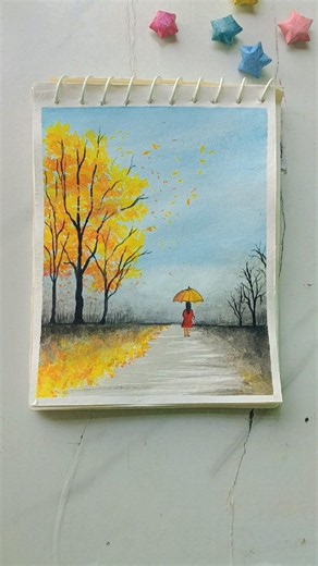 Calm Autumn Landscape Painting 🌿🍁 | Watercolor Art #Shorts #painting