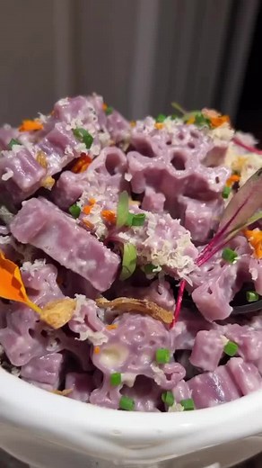 This is the coolest discount store pasta I have found to date! Purple skulls- I love it even more because the purple color is made from black carrots- nature is so cool! I paired it with canned butter 🤯 (I’m gonna go more into detail about that tomorrow) along with aged Gouda & cheddar and y’all know I had to throw in chives and flower petals #reels | Soozie the Foodie