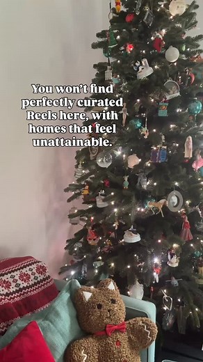 What’s your favorite Christmas memory? I doubt it’s having a perfectly decorated and clean home and all the gifts you could think of. There is a reason you are being marketed nostalgia we crave that feeling and brands want to find a way to sell it when it comes from memories not stuff. If you agree stick around! Video description: Christmas tree next to sofa with Christmas blanket and pillows. Text on screen reads You won’t find perfectly curated Reels here, with homes that feel unattainable. In