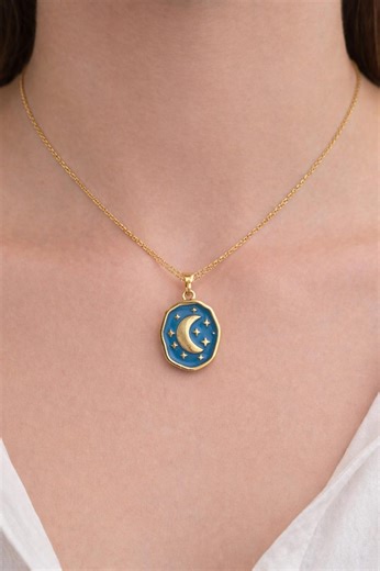 Gold Crescent Moon Necklace With Blue Enamel - Gift for Her - Etsy