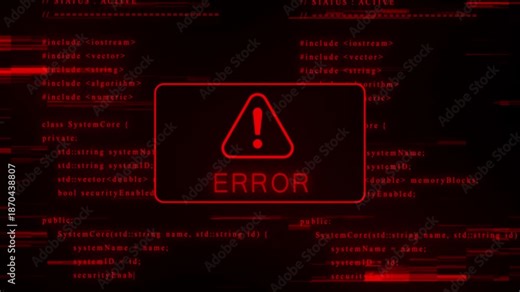 Digital glitch effect overlaying a red warning sign within a code editor displaying C++ syntax and system status messages creating a cybersecurity alert concept