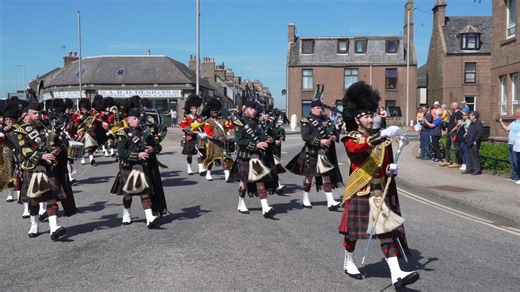 The Royal Regiment of Scotland march into Peterhead on Saturday 11th May 2024 ready to be granted the Freedom of Aberdeenshire. The parade is led by 4 SCOTS Pipes and Drums, followed by the The Band of The Royal Regiment of Scotland, the regimental mascot Corporal Cruachan IV, marching troops and Colour Party, with the band playing "Cock o' the North". The Royal Regiment of Scotland is the senior and only Scottish line infantry regiment of the British Army Infantry. It consists of three regular 
