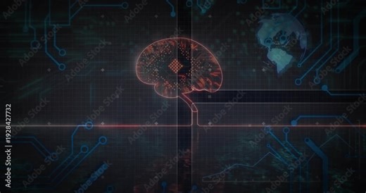 Code fading in, neon brain pulsing with flickering nodes and magenta line visualizing data