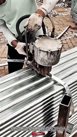 Handheld Pneumatic Strapping Tool Tightens Metal Bands on Bundles
