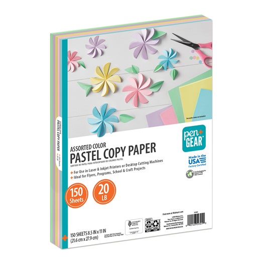 Pen Gear Assorted Pastel Copy Paper, 8.5" x 11", 20 lb, 150 Sheets