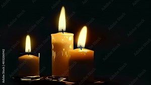 Memorial Concept. Candle flames flicker in solemn remembrance. Looping video background for memorial services and tributes. Three candles burning brightly in the darkness.