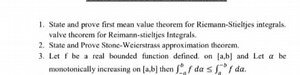 State and prove the first mean value theorem for Riemann-Stielt... | Filo