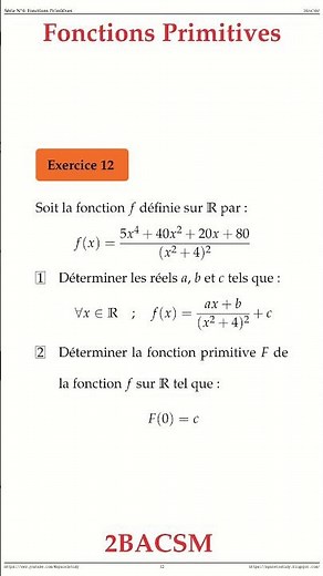 Exercice 12 Fonctions Primitives 2BACSM Maths space2study M2BSMS4v12 #maths