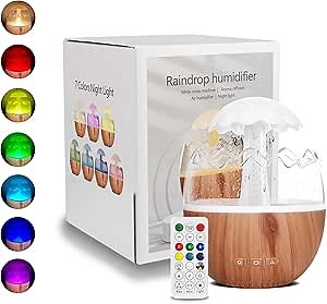 Rain Cloud Humidifier Diffuser With 7 Colors Water Drip Humidifier with Remote Rain Sounds White Noise Humidifier Air Humidifiers Waterfall Lamp Humidifier for Bedroom Office (Woodgrain)