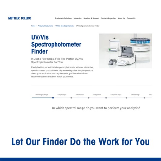 Finding your perfect UV/Vis spectrophotometer just got easier! 💡 With our interactive UV/Vis Spectrophotometer Finder, simply answer a few quick questions about your application — and get personalized recommendations in minutes. 🔍 Discover the instrument that truly fits your needs. Start your search today and experience simplicity at its best! #UVVisSpectroscopy #UVVisProductFinder #MettlerToledo https://okt.to/S0qx1w | METTLER TOLEDO