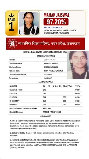 UP Board 12th Result 2026: Topper Mahak Jaiswal 🏆 | UP Board Class 12th Rank - 1